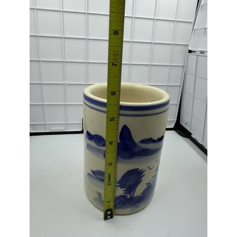 Antique Chinese Blue and White Porcelain Brush Pot, 5.5”, Landscape Scene Trees